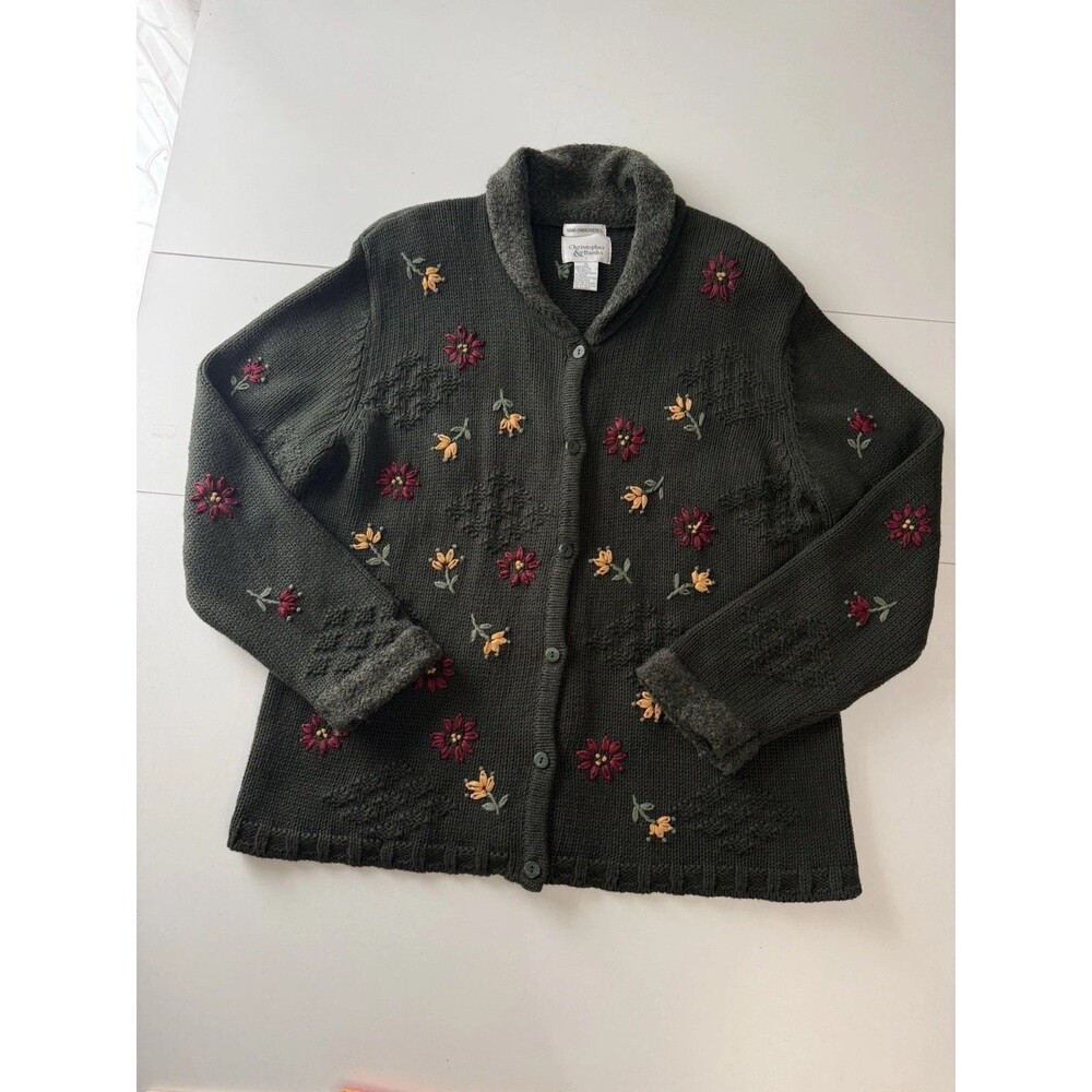 Christopher & Banks Hand Embroidered Fall Flowers Cardigan Vtg. Sz XL Green